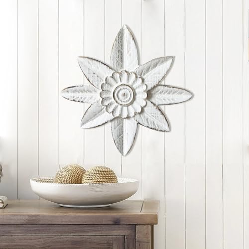 Dwellington Dwellintong White Wash Wood Flower Wall Art Decor, Farmhouse Rustic Modern Floral Sculpture thumb #5