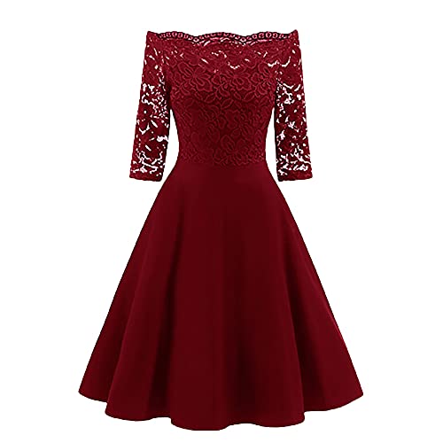 Wirziis Lace Off The Shoulder Dresses for Women Sexy 3 4 Sleeve Vintage Casual Shrink Waist A-Line Patchwork Sundress