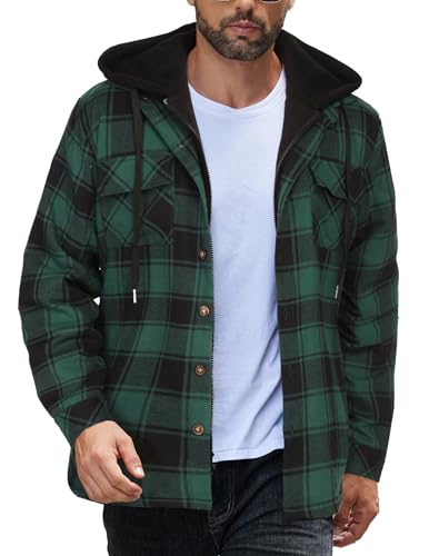 COOFANDY Men's Flannel Shirt Jacket Warm Quilted Lined Hooded Long Sleeve Plaid Shirt Jackets