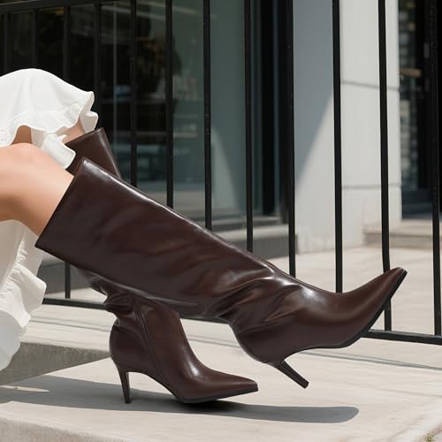 Image of ROSERWISH Women's Knee High Boots Pointed Toe Low Kitten Heel Tall Boots Comfortable Casual Fall Long Boots With Side Zipper