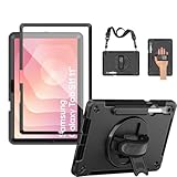 Junfire Hülle Robuste für Samsung Galaxy Tab S11 (11) 2025, Stoßfeste Schutzhülle mit Displayschutzfolie, Drehbarer Ständer, Handschlaufe, Schultergurt und Stifthalter – Schwarz