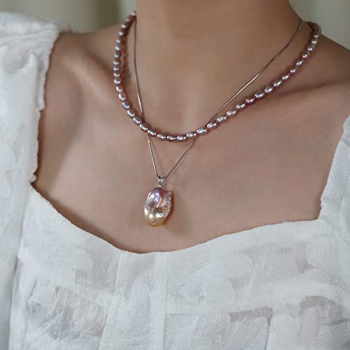 Genuine Freshwater Pearl Necklace; Pearl Necklaces For Women；Double Layer Silver Necklace For Women; Metallic Purple Pink Necklaces For Women; Baroque Cultured Pearl Necklace #TOP5