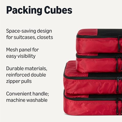 Image of Amazon Essentials 4-Piece Packing Cubes Travel Accessories Set, Luggage Organizer with Double Zipper, Mesh Top, Space-Saving, 2 Medium /2 Large, Red (Previously Amazon Basics)