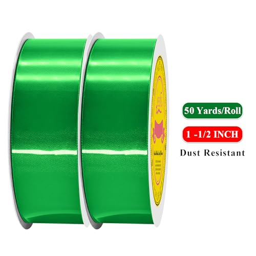 Image of 100 Yards Emerald Green Satin Ribbon Polyester Ribbon for Gift Wrapping Very Suitable for Weddings Party Hair Bow Invitation Decorations and More（1-1 /2 inch X 50Yards X 2 Roll）