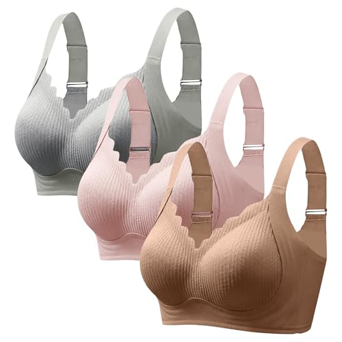 APRDFEU Women's 3-Pack Multi-Color Ribbed Push-Up Bras 3PCS Seamless Bras for Women Full Support Push Up Stretch Ribbed Wireless Bras Solid Cozy Breathable Everyday Bra
