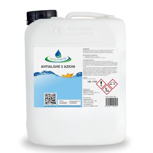 acquaverde | Antialghe 5 Azioni Liquido, Multifunzione non Schiumogeno, Trattamento Acqua di Piscina con effetto Alghicida, Inglobante, Flocculante, Azzurrante e Anticalcare, 5 kg