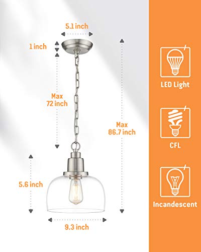 Eapudun Modern Farmhouse Pendant Light, 1-Light Industrial Hanging Light Fixture 9.3-Inch, Brushed Nickel Finish With Clear Glass Shade, Pda1127-Bnk #TOP5