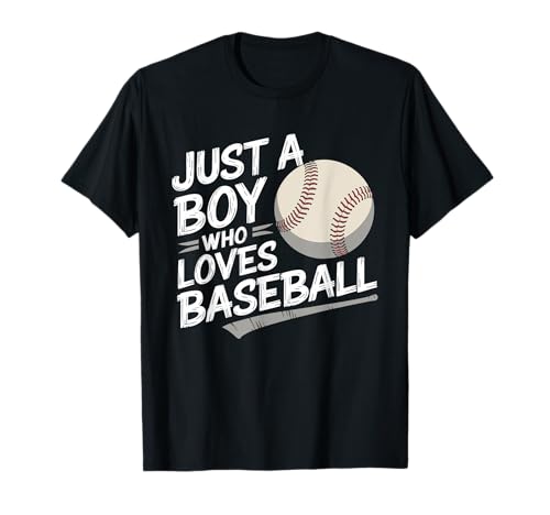 Just A Boy Who Loves Baseball Funny Sports Fan Hombres y Niños Camiseta