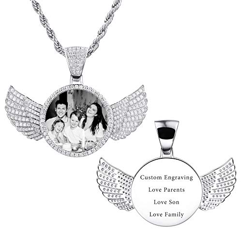 MeMeDIY Personalizada Collar con Imagen Grabado Texto/Nombre/Fecha Collar con Colgante Redondo y Alas de ángel y Forma de Corazón Collar de Fotos Personalizado de Doble Cara A4-24