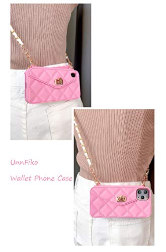 UnnFiko Wallet Case Compatible with iPhone Mini, Cute Light Luxury Bag Design, Purse Flip Card Pouch Cover Soft Silicone Case with Handstrap Long Shoulder Strap (Pink, iPhone 12 Mini)