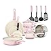 Produktbild GreenLife Soft Grip Gesunde keramische Antihaftbeschichtung, 16 teiliges Kochgeschirr Set mit Bratpfanne, Stielkasserolle und Kochtopf, PFAS-frei, spülmaschinenfest, Backofenfest, Pink