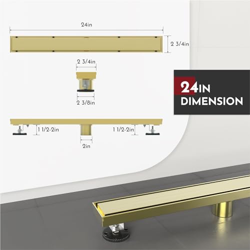 WEBANG 24 Inch Linear Shower Drain Rectangular Floor Drain with Accessories Reversible 2-in-1 Cover Tile Insert Grate Removable SUS304 Stainless Steel CUPC Certified Brushed Gold