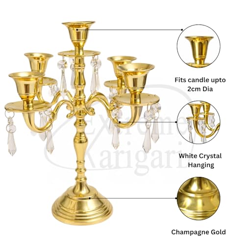 Image of Premium 12 Inch Golden Aluminum 5-Arm Candle Stand with Crystal Hangings | Luxury Centerpiece for Home Decor, Weddings, Festive Decoration & Dining Table