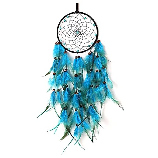 Atrapasueños con Luz Hecho a Mano Boho Atrapasueños Decoración para Colgar en la Pared Atrapasueños con Plumas Azules Lámpara Decorativa de Carillón de Viento para Sala de Estar, Estudio, Cafetería, D