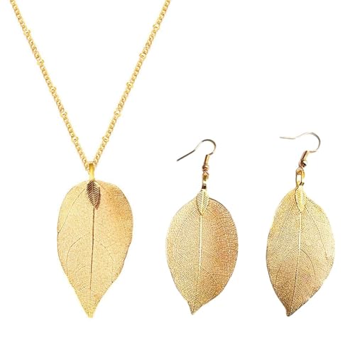 SLEEKEE 1 Chaîne Feuille d'or Et 1 Paire De Boucles d'oreilles Feuilles, Bijoux Créatifs, Collier Réglable, Bijoux Simples