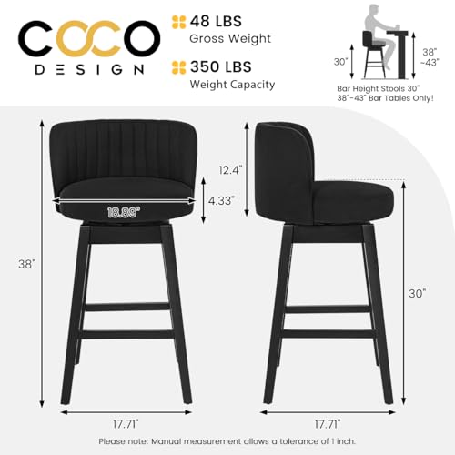 Image of COCO DESIGN Swivel Bar Stools Set of 4, 30 inch Bar Height Mid Century Modern Barstools with Back, Linen Upholstered Seat and Solid Wood Legs, for Bar Kitchen Island, Mysterious Black