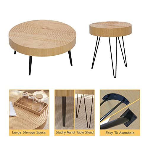 Homfamilia 2Pcs Boho Round Coffee Table Set, Living Room Circle Center Table, Farmhouse Wooden Natural Finish Side And End Table Set, For Living Room, Bedroom, Home Office #TOP3