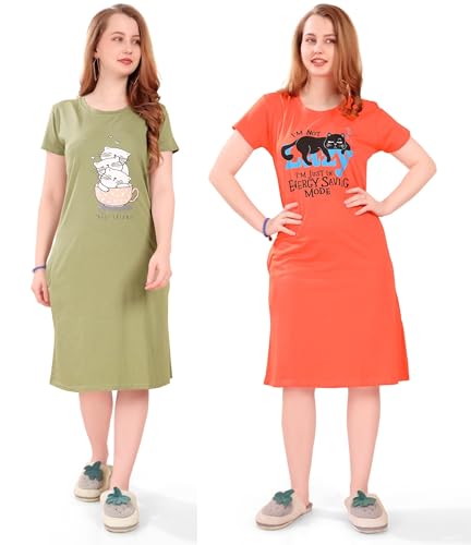 Image of Printed Knee Length Pocket Night Dresses for Women | Cat Lover | Premium Soft Cotton Nighty | Blue and Maroon