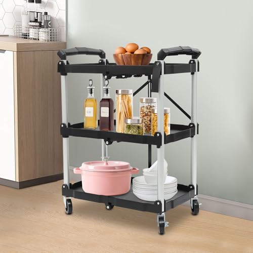 Heavy Du - Carrito plegable de 3 niveles con ruedas bloqueables y asas omómicas para uso en cocina, oficina, cocina y cafetería