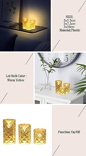 Image of One94store 3 Pcs Set Diamond Flameless and Smokeless Decorative Candles Transparent Acrylic Led Tea Light Candle for Christmas, Festival,Candles (3 Pieces, 5 cm.7cm,9 cm) Combo Set Warm White