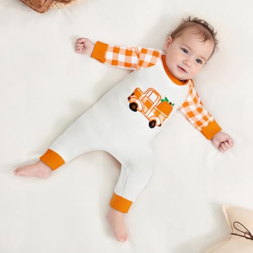 SAYOO Newborn Baby Girl Boy Thanksgiving Halloween Outfit Pumpkin Turkey Embroidered Contrast Waffle-Knit Romper Jumpsuit3