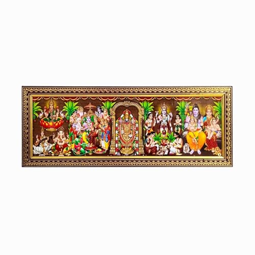 Image of Pooja Ghar Cotton 5 God in 1 Photo Frame for Pooja Ganesha-Saraswati, Ram Pattabhishekam, Lord Venkateshwara, Shiva Family and Satyanarayana (12 x 5.5 Inch)