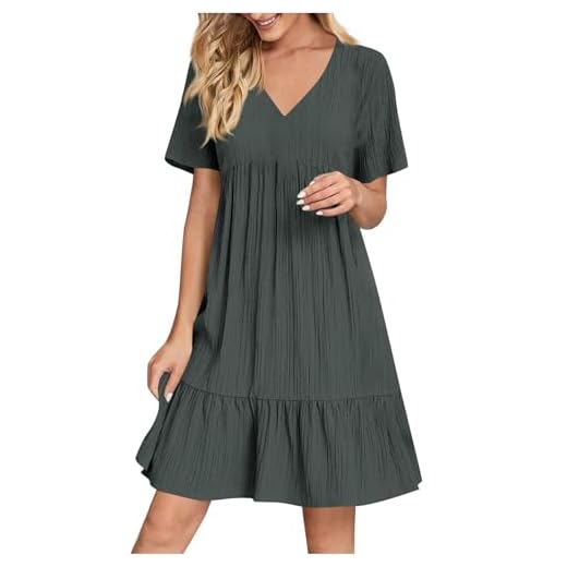Robe D'Été Femme Chic Et Elegant Col V Manches Courtes éTé BohèMe Tunique Robe Ample A-Line Mi-Longue Dress Grande Taille DéContractéE Robes Couleur Unie Taille Haute Robes pour FêTer Vacances Plage