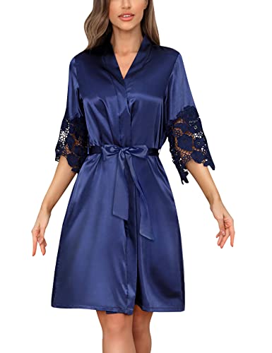 RSLOVE Frauen Satin Robe Spitze Trimono Kimono Brautjungfer Morgenmantel Lange Braut Roben für die Hochzeit Blau Medium