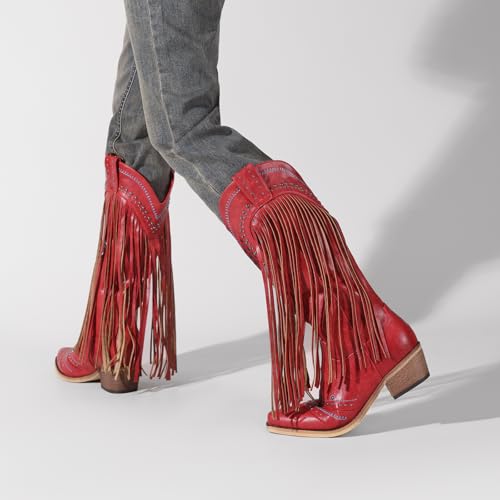 Fringe Cowboy Boots for Women Western Embroidered Tassal Cowgirl Boot Knee High Snip Toe Pull On Cow Boy Shoes3