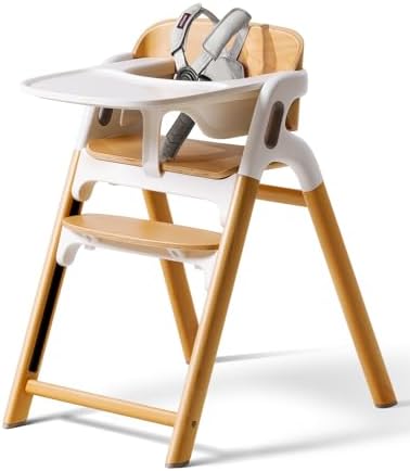 Momcozy DinerPal Wooden High Chair for Babies, Toddlers & Adults Up to 308 Lbs, Convertible Baby Highchair with Food-Grade Tray, Dishwasher-Safe, Adjustable & Ergonomic, Natural Wood