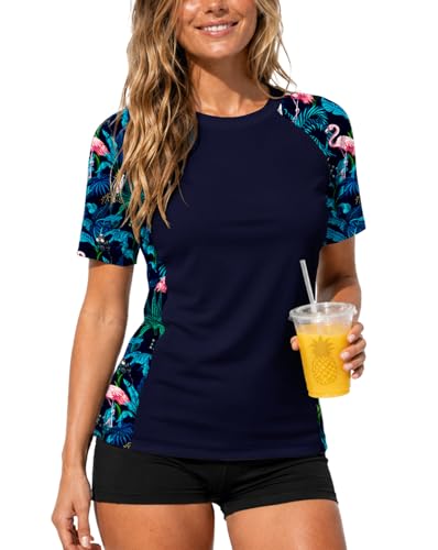 Image of AOBUTE Women Short Sleeve Rash Guard UPF 50+ Tropical Sun Protection Floral Swim Shirts