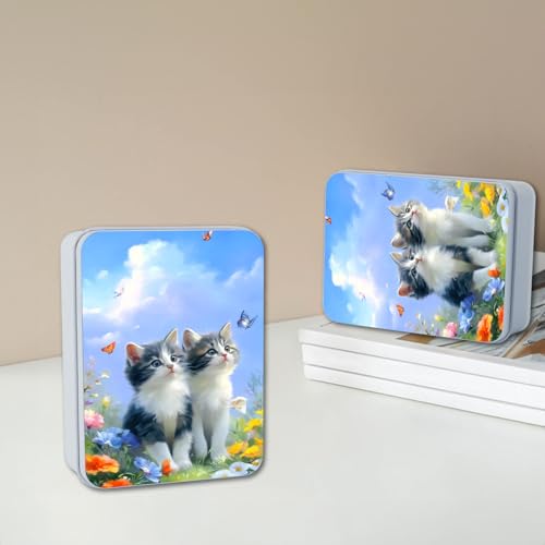 Image of Metal Tin Box with Lid,Multi-functional Storage Box Can Store Tea Biscuits Game Cards, Playing & Tarot Cards-Comes with 4 Magnetic Cord Clips,Kittens with Butterflies