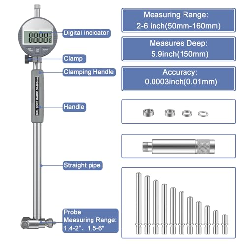 Image of HDLNKAK Digital Dial Indicator Bore Gauges (2 inch-6 inch /0.0005 inch), Engine Cylinder Measurement with Carbide anvils, with LCD Digital Dial Indicator - Grey