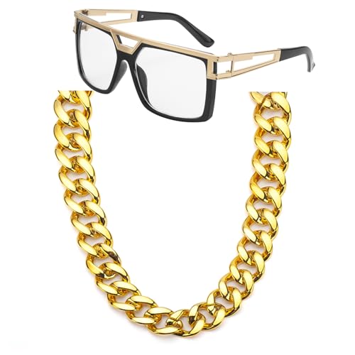 NANXJIUR 80s 90s Hip Hop Costume, Kits Rapper Accessories Outfit, Fake Gold Chain Necklace, Twist Leg Punk Sunglasses for Men Women Rapper Party Accessories