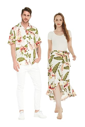 Matchable Couple Hawaiian Luau Shirt or Wrap Skirt in Cream Rafelsia