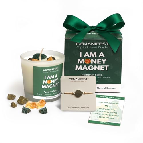 Gemanifest Money Manifestation Candle with Pyrite Bracelet for Wealth Prosperity