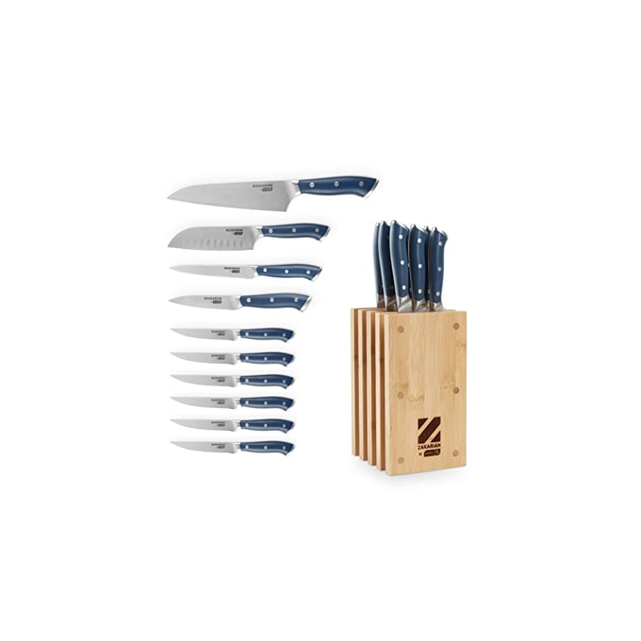 DASH-Zakarian-by-DASH-11-Piece-German-Steel-Kitchen-Knife-Set-with-7-Chef-5-Santoku-5-Serrated-Utility-35-Paring-6-Steak-Knives-and-Magnetic-Bamboo-Knife-Block-Blue DASH Zakarian by DASH 11-Piece German Steel Kitchen Knife Set with 7" Chef, 5" Santoku, 5" Serrated Utility, 3.5" Paring, 6 Steak Knives and Magnetic Bamboo Knife Block, Blue