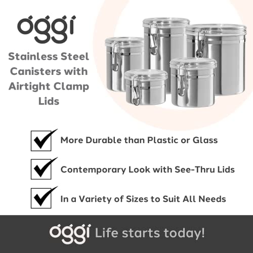 Oggi Stainless Steel Kitchen Canister 62 fl oz - Airtight Clamp Lid, Clear See-Thru Top - Ideal for Kitchen Storage, Food Storage, Pantry Storage. Large Size 5" x 7.5". by Oggi - Image 7