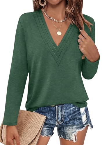 EasyGala Womens Deep V Neck Long Sleeve Shirts Pleated Dressy Casual Tops Sexy Loose Fit T Shirt Green Large