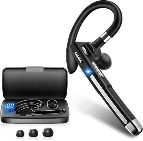 Bluetooth Headset V6.1, Wireless Bluetooth Earpiece with 500mAh Charging Case 100 Hours Talking Time, CVC8.0 Noise Cancelling Single-Ear Earphone, Hand-Free Headphones for Trucker, Office, Jet Black