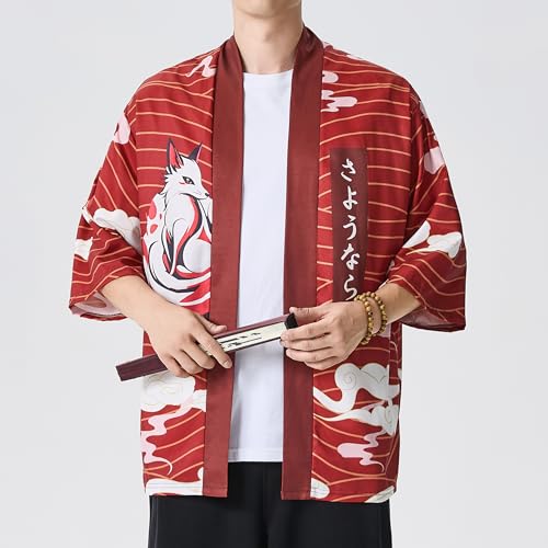 Image of PRIJOUHE Men's Japanese Kimono Cardigan Jackets Casual Long Sleeve Open Front Coat Lightweight Yukata Outwear