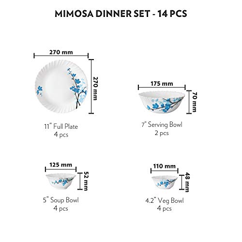 Image of Larah by Borosil Opalware Dinner Set Microwave & Dishwasher Safe | Bone-Ash Free | Crockery Set for Dining & Gifting | Plates & Bowls (Mimosa, 14pc)