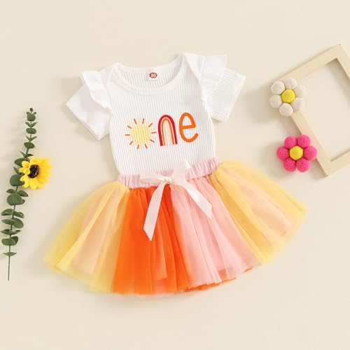 1St Birthday Baby Girl Outfit First Trip Around The Sun Romper Tulle Tutu Skirt Dress One Year Old Birthday Gifts (Sun One Outfit-Yellow, 6-12 Months)2