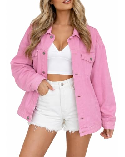 Kedera Denim Jacket for Women Oversized Long Sleeve Pink Button Down Shacket Jacket Fall Loose Coat with Pockets