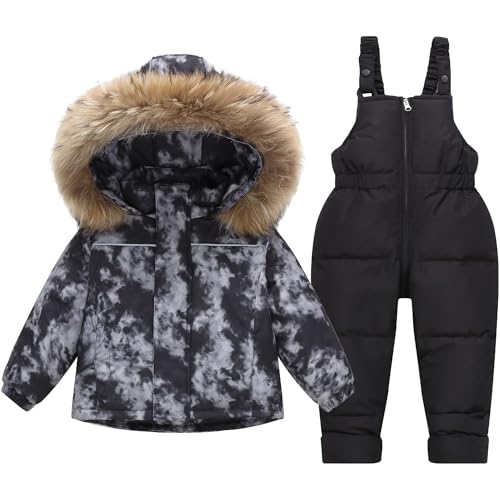 Fewlby Kids Snowsuit 2-Piece Ski Suit Set, Hooded Puffer Down Jacket + Snow Bib Trousers, Toddler Winter Outfit Set Warm Skisuit, 5-6 Years