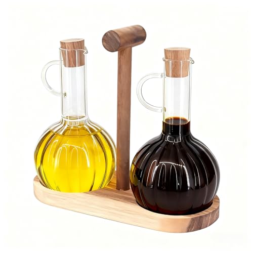 Beowanzk 2 PCS Oil and Vinegar Dispenser Set with Wooden Stand, 300ml Olive Oil Dispenser Bottle and Vinegar Bottles, Heat-Resistant Glass Kitchen Dispenser Bottles