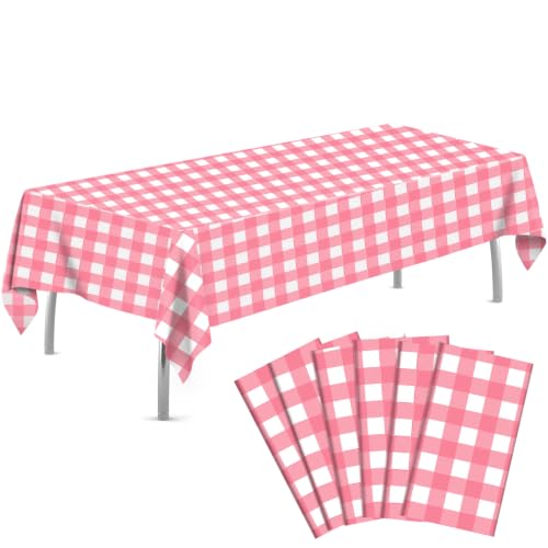 Image of tujol Pink and White Checkered 6 Pack Plastic Table Cloth 54 inch x 108 inch