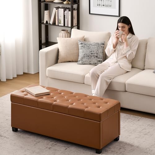 Image of Living&Giving Leather Storage Ottoman Bench for Bedroom, 47.2 inch, Brown