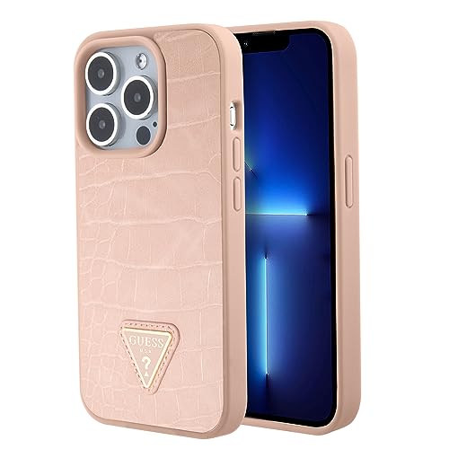 Guess GUHCP15XPCRTHCP Coque Rigide pour iPhone 15 Pro Max Rose Croco Triangle Metal Logo