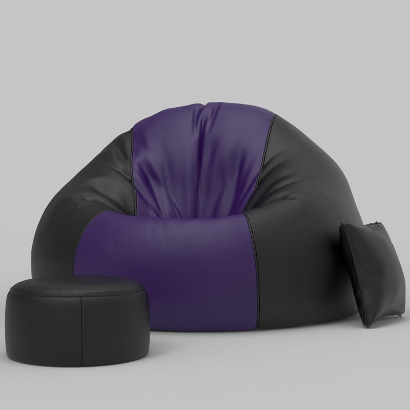 Image of Biggie Bean Bag Chair with Beans Filled 4XL Comfort Essence Bean Sofa-Designed for Relaxation-Crafted for Elegant Spaces with Free Cushion & Footrest (Matching Color : Leatherette Purple Black)